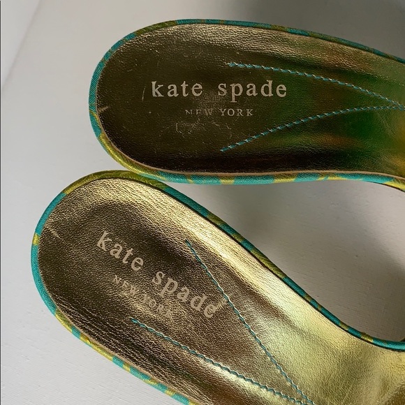 Kate Spade Bow Heel Green Blue Brocade Sandals - Picture 3 of 16